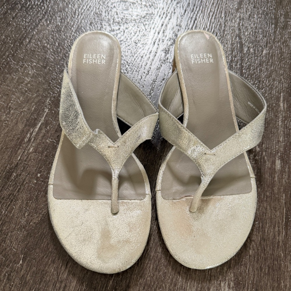 Eileen Fisher Metallic Silver Leather Wedge Flip Flop Sandals Women Size 8 - Picture 4 of 8